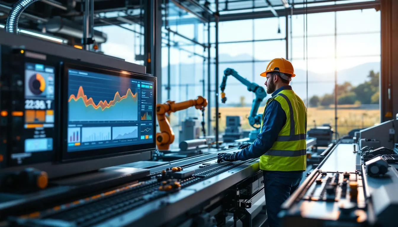 Header PACA : usine moderne avec ligne de production et tableau de bord énergie, paysage méditerranéen en arrière-plan