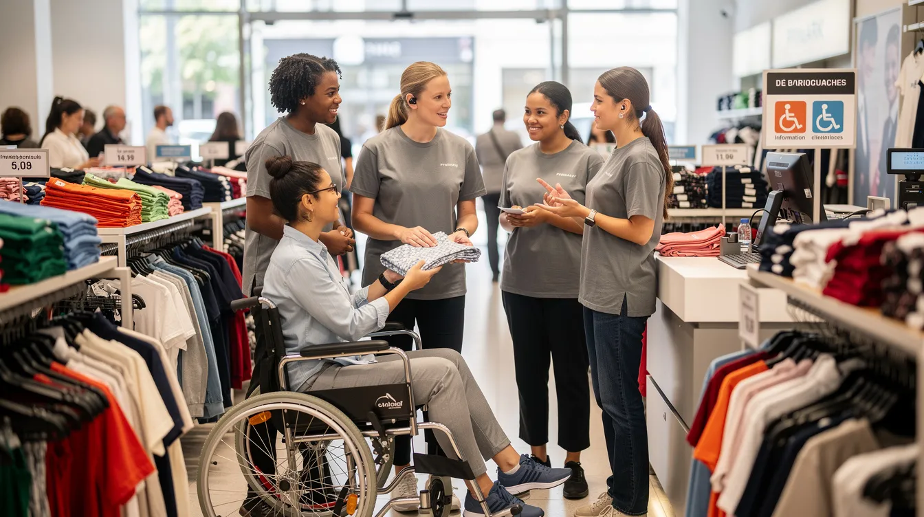 Équipe Primark diverse en magasin, intégration de collaborateurs en situation de handicap