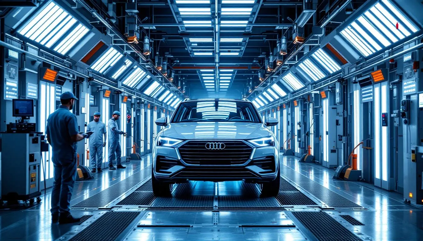 Header photo montage Sochaux : atelier peinture Stellantis avec robots et opérateurs en EPI dans une usine automobile, image éditoriale et réaliste.