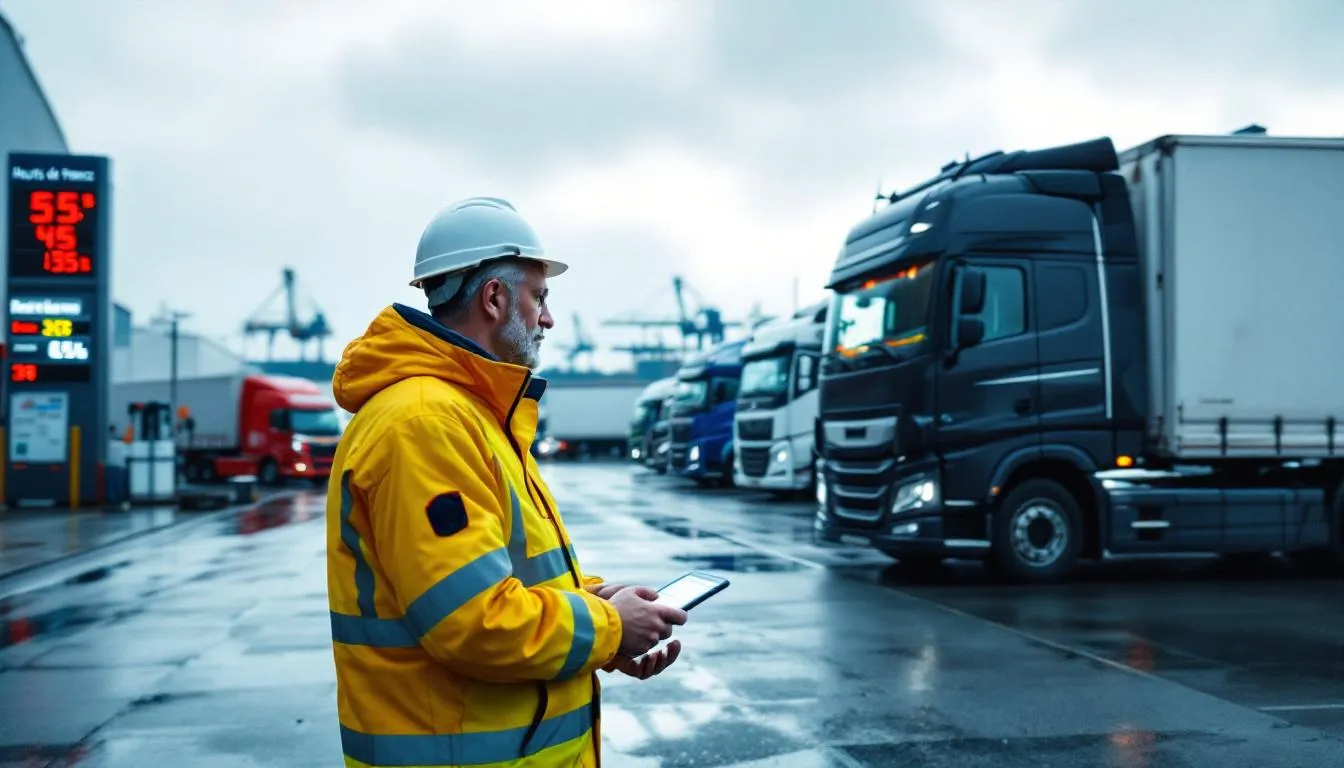 Plateforme logistique dans les Hauts‑de‑France : conducteur vérifiant un tachygraphe sur tablette, rangée de camions et station‑service avec affiche des prix, port en arrière‑plan, lumière douce matinale.