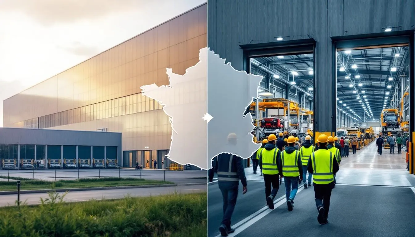 Header éditorial montrant deuxsites industriels liés au transfert des moteurs Stellantis Vesoul vers Poissy, avec ouvriers et carte-logistique