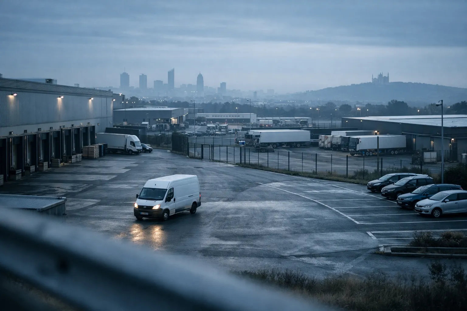 Zone d’activités près de Lyon, vans et entrepôts dans une ambiance de tension économique