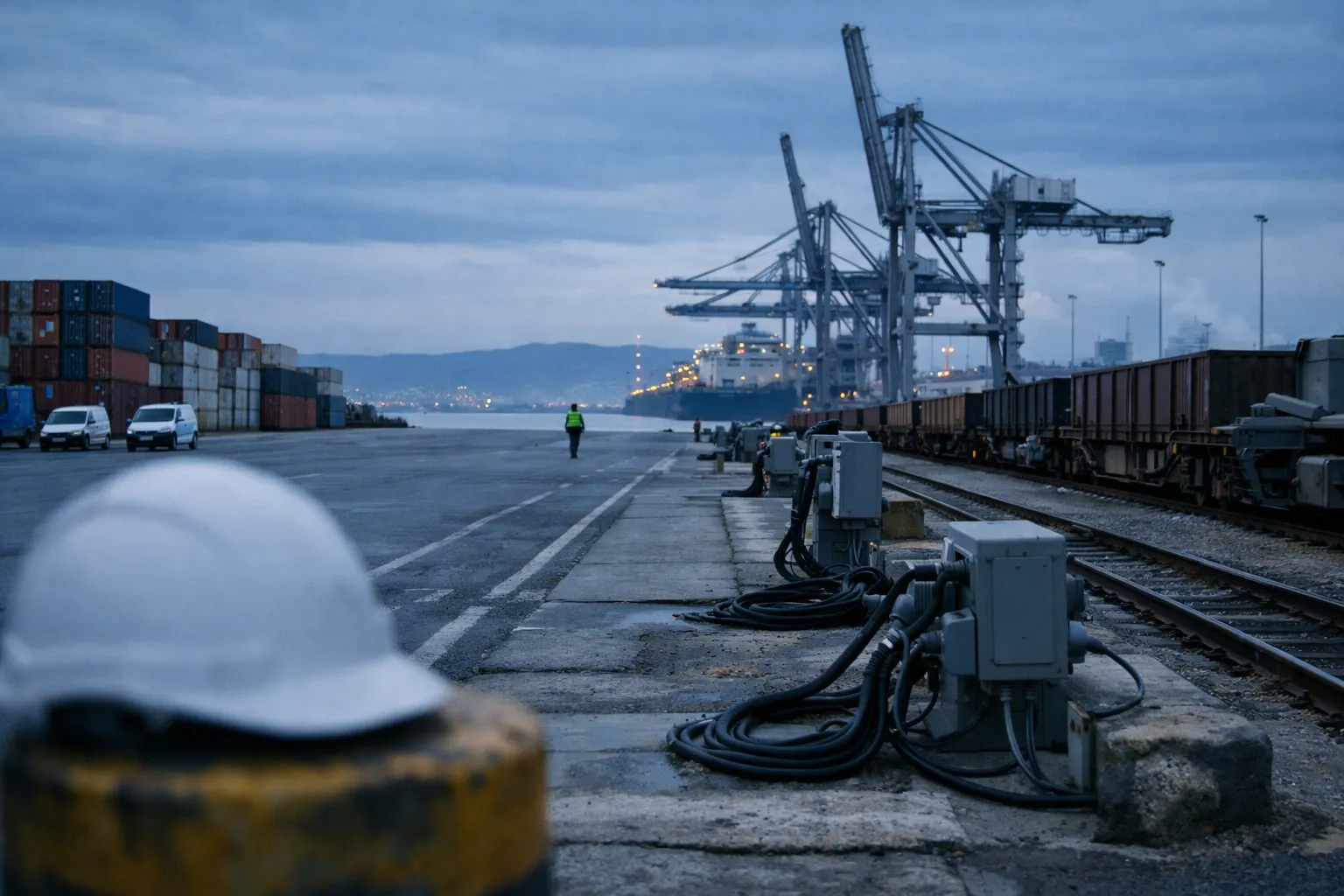 Vue périphérique du port Marseille‑Fos à l’aube, grues, voies ferrées et casque au premier plan
