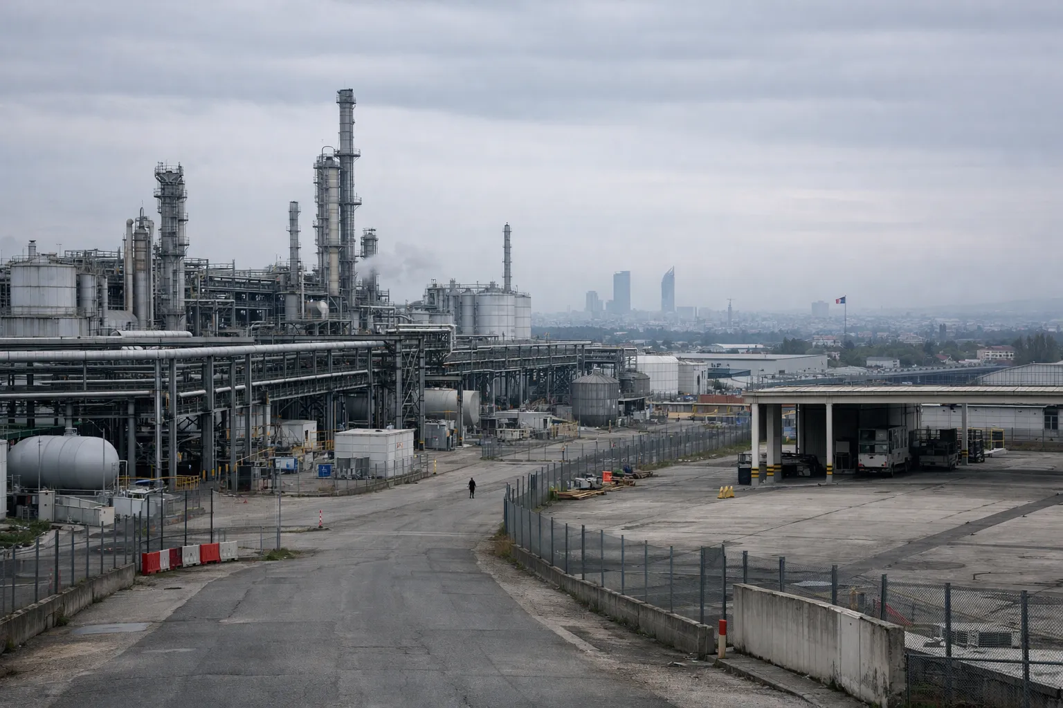 Site chimique de Saint-Fons sous ciel gris, après une reprise partielle et des suppressions d’emplois