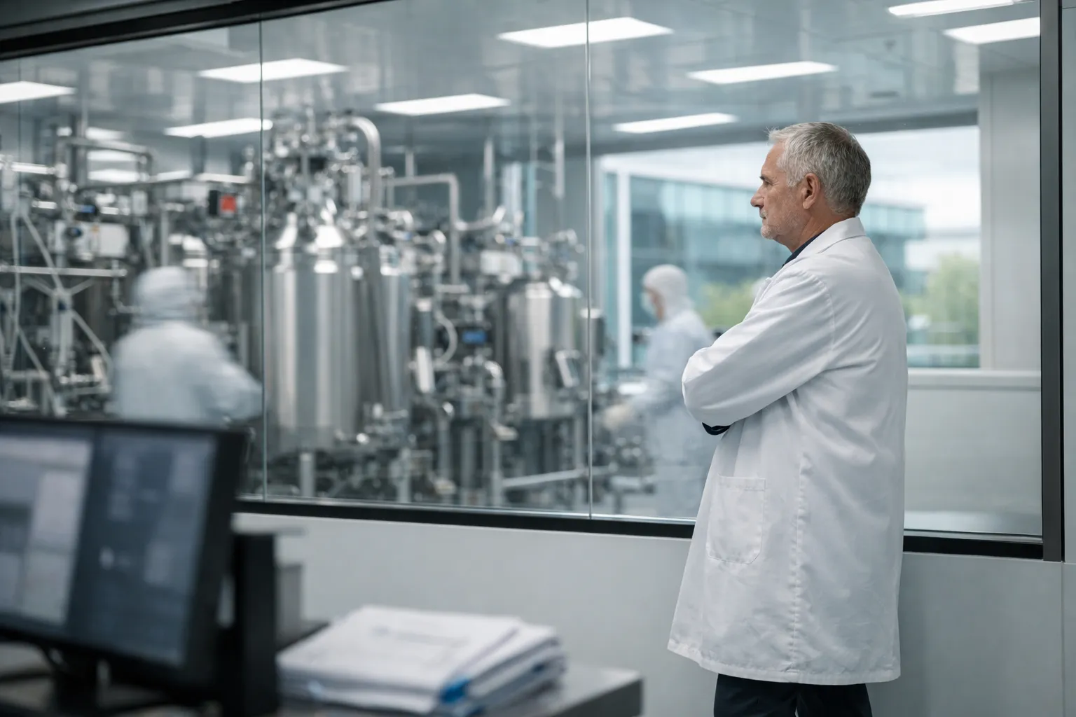 Directeur industriel devant une ligne de bioproduction en Bourgogne-Franche-Comté
