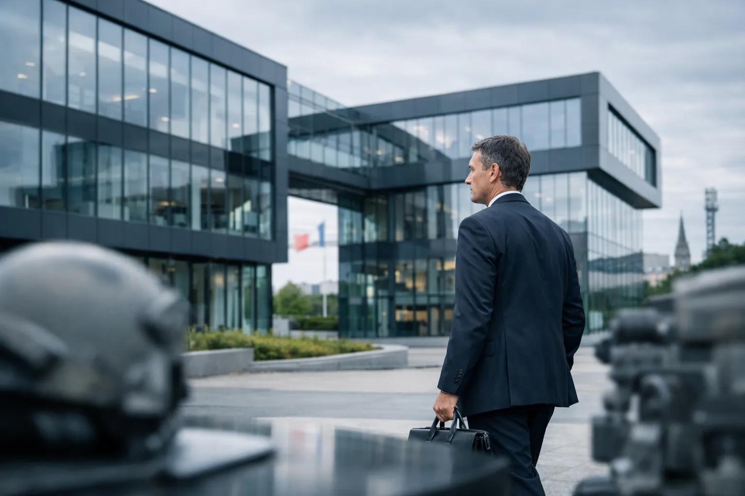 Dirigeant devant un bâtiment corporate breton, sur fond d’industrie défense