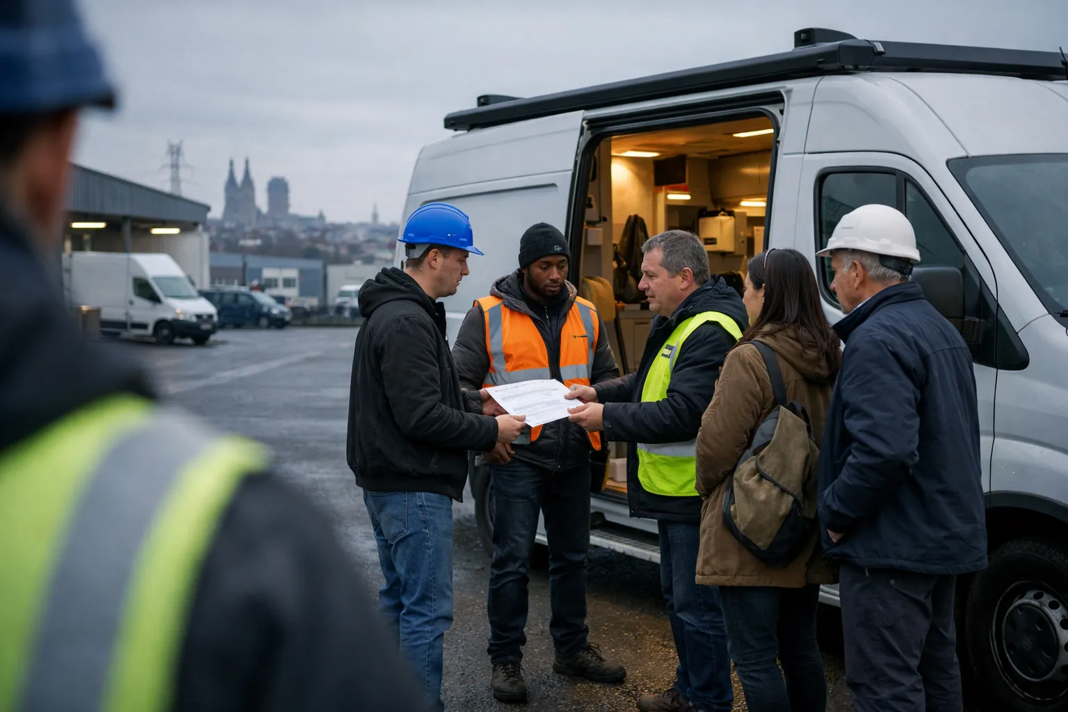 Camion de l’emploi devant une zone industrielle du Loiret avec candidats et recruteurs