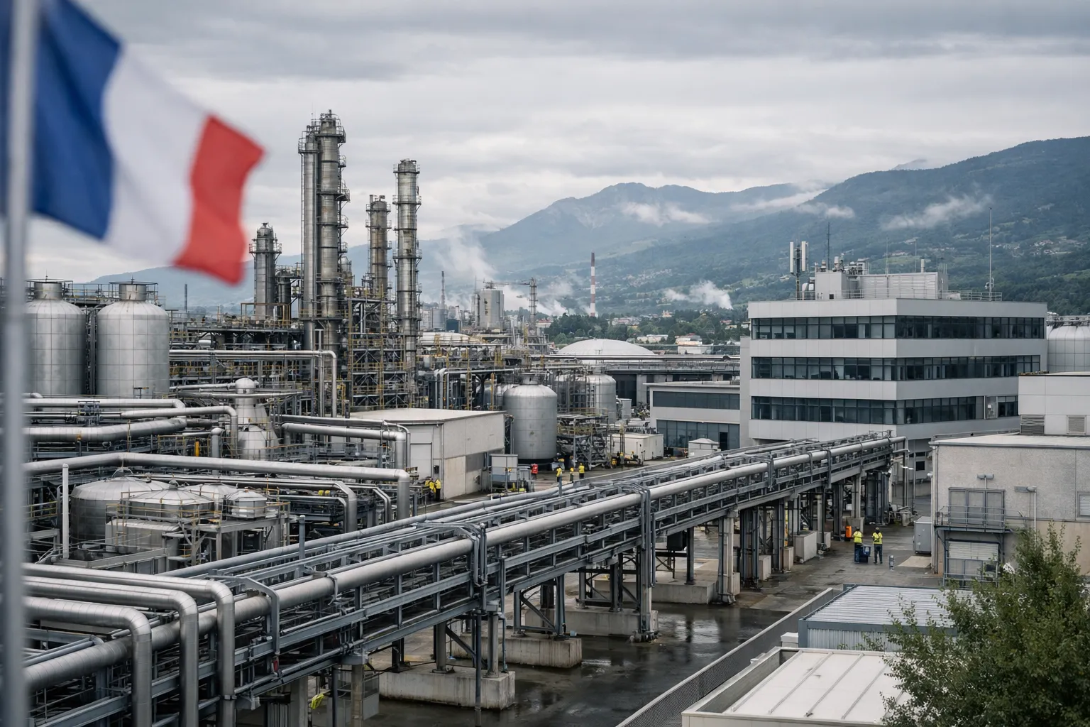 Usine chimique en Auvergne-Rhône-Alpes sous ciel gris, ambiance industrielle