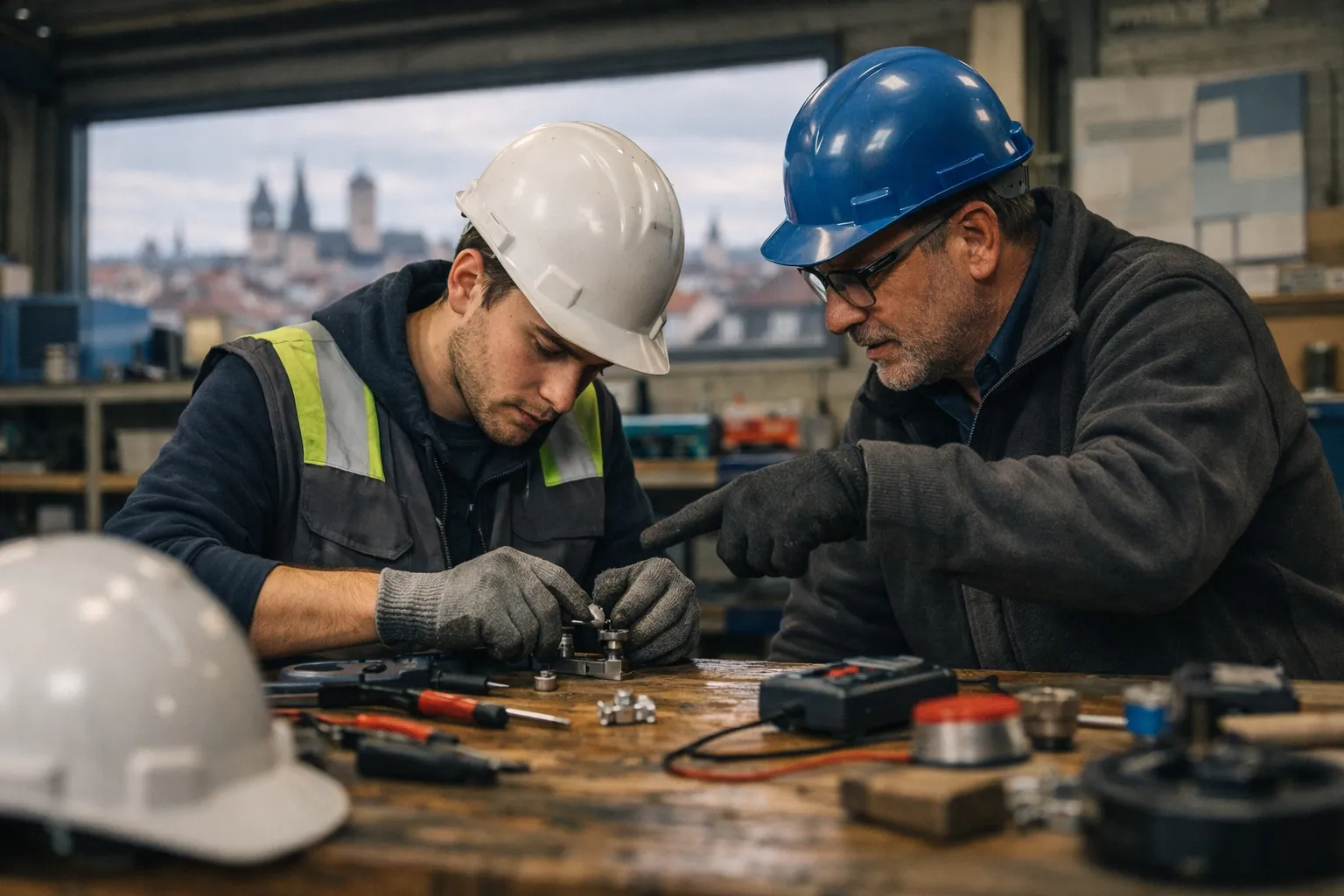 Apprenti et tuteur en atelier à Dijon, casque flou au premier plan, toits de Dijon en arrière-plan