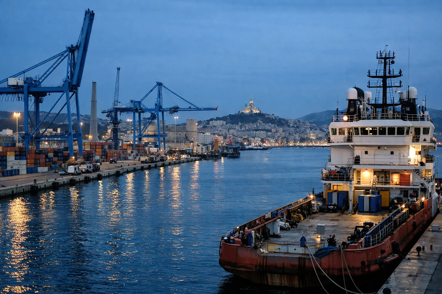 Port de Marseille Fos au crépuscule, grues et quais industriels en Méditerranée