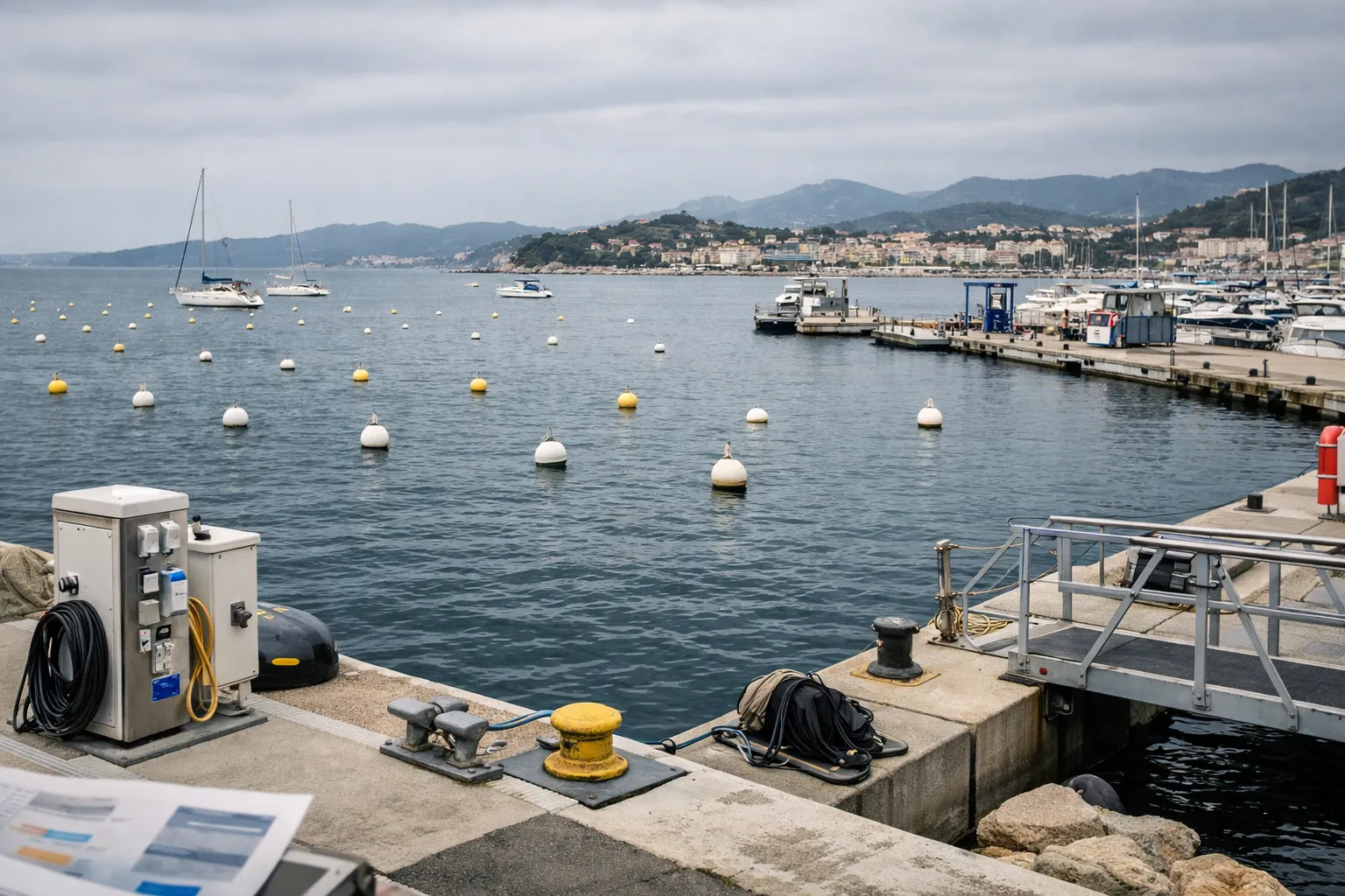 Vue de marina varoise avec mouillages écologiques et bateaux de plaisance