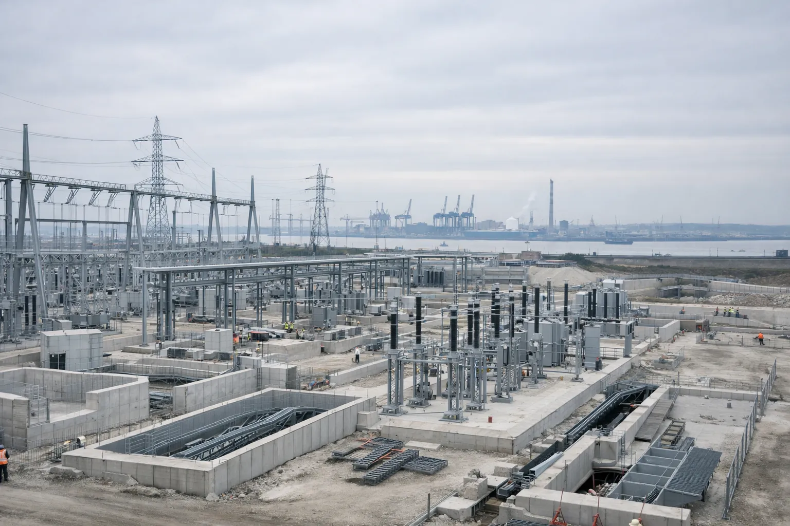Grand chantier d’un poste électrique près du Havre, au cœur de la zone industrialo-portuaire