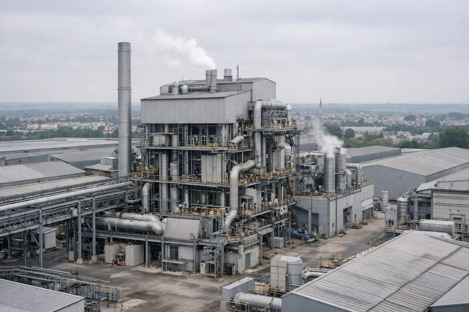 Usine Pyrex à Châteauroux avec four verrier et équipements industriels sous ciel couvert