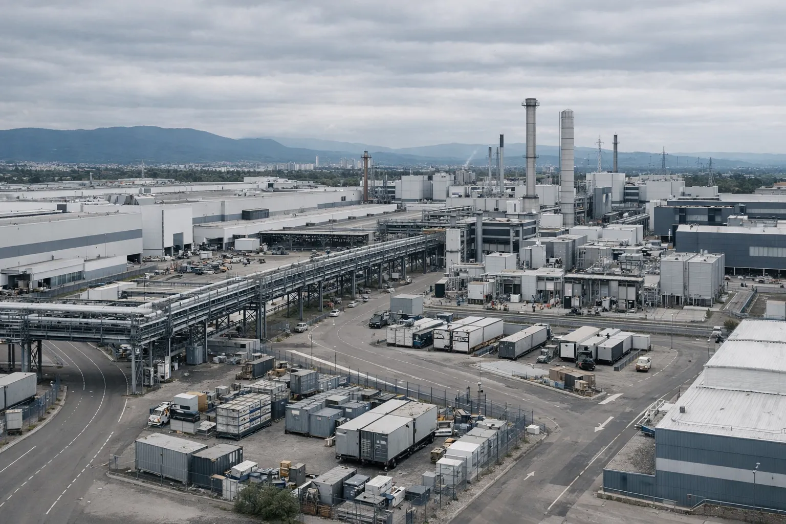 Usine Stellantis à Mulhouse, vue large sous ciel couvert, symbole de l'investissement électrique