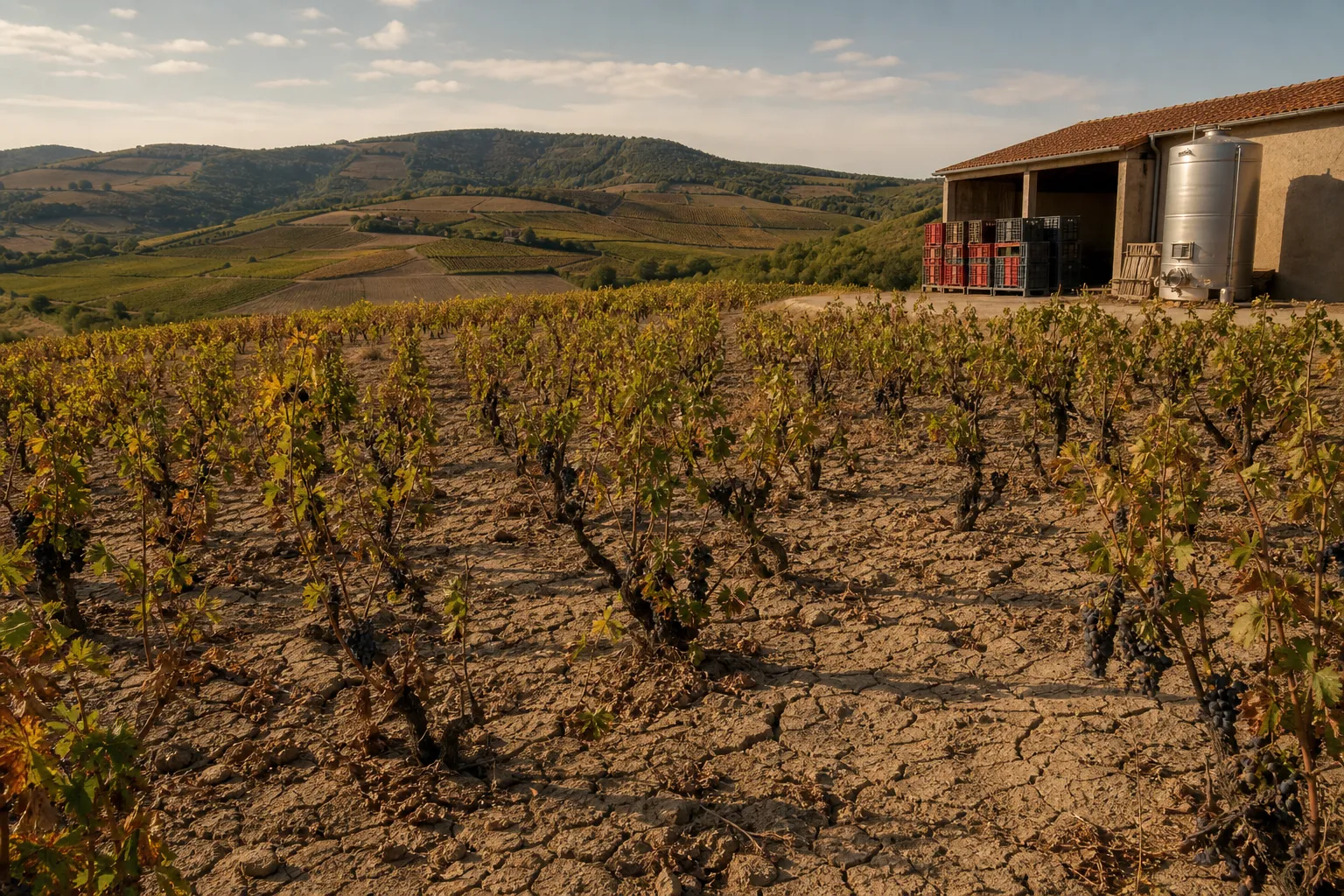 Vignoble du Beaujolais touché par la sécheresse et la grêle, avec des sols secs et des grappes clairsemées