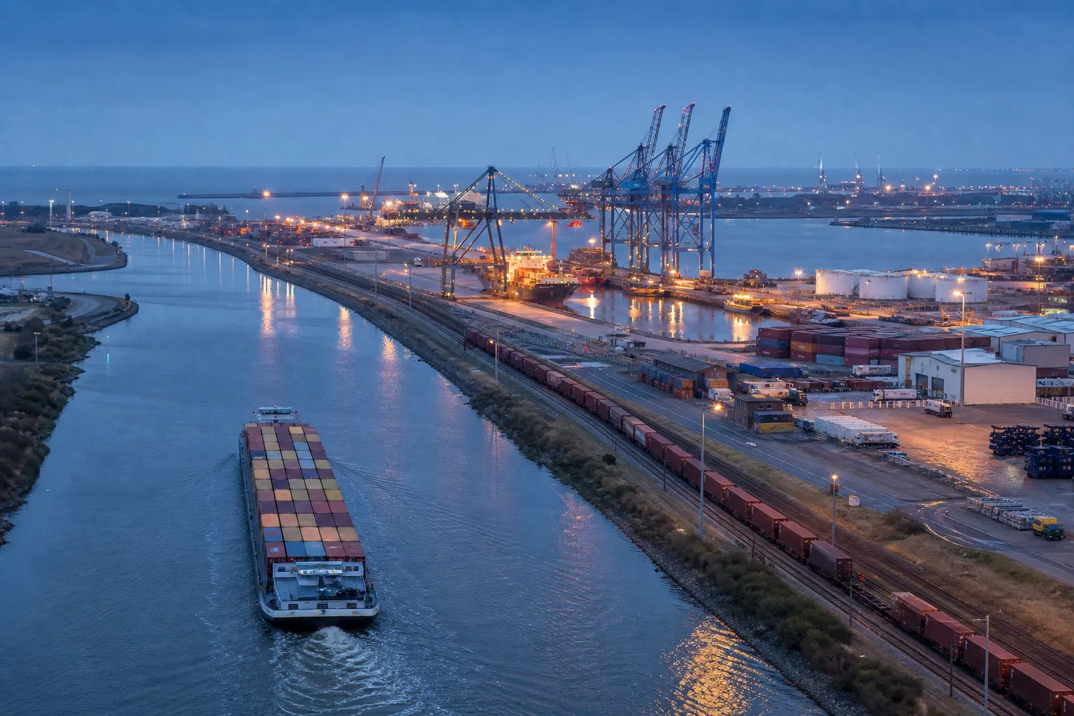 Barge porte-conteneurs reliant le canal au port industriel de Dunkerque, avec grues et voie ferrée