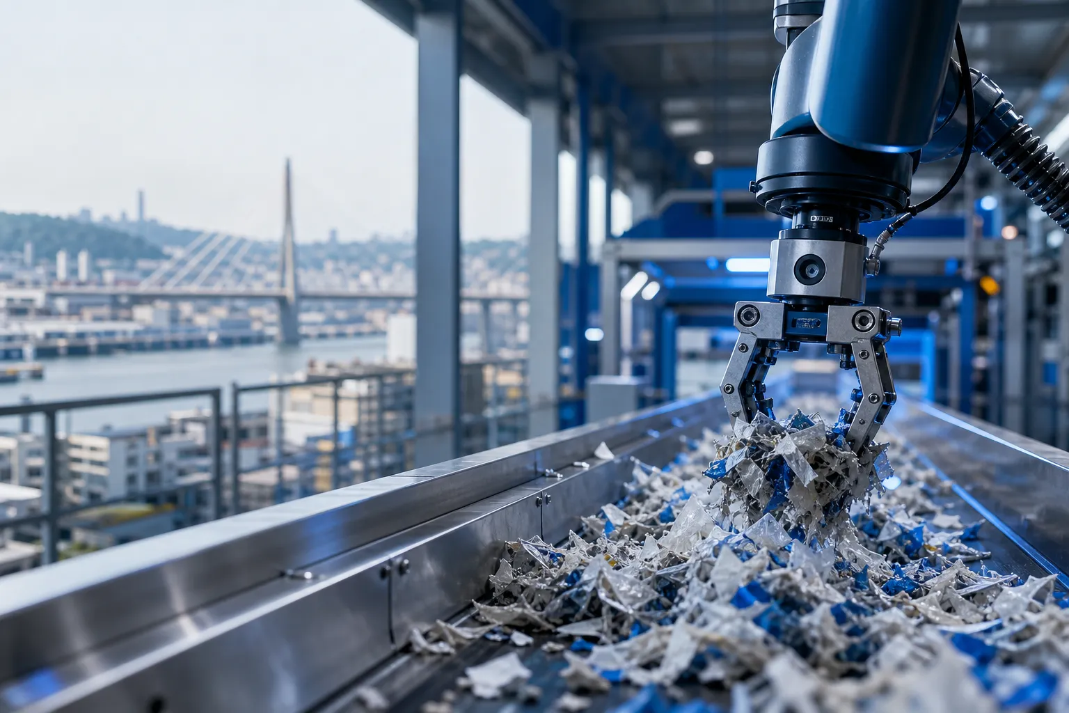 Bras robotisé triant des matières recyclées dans un site industriel près de Rouen