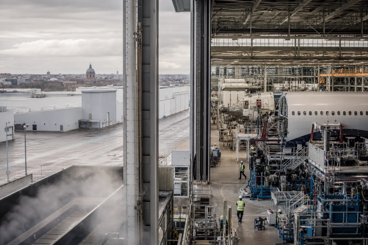 Site industriel aéronautique près de Toulouse, avec fuselage, ouvriers et hangar de production