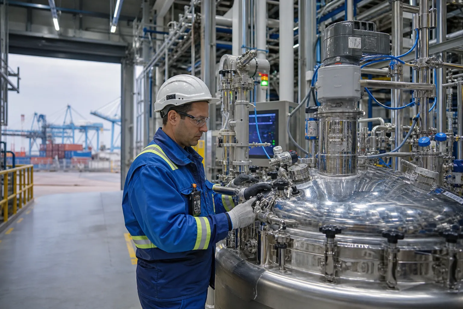 Technicien en EPI contrôlant un réacteur de chimie fine dans l’unité Dunopale à Calais