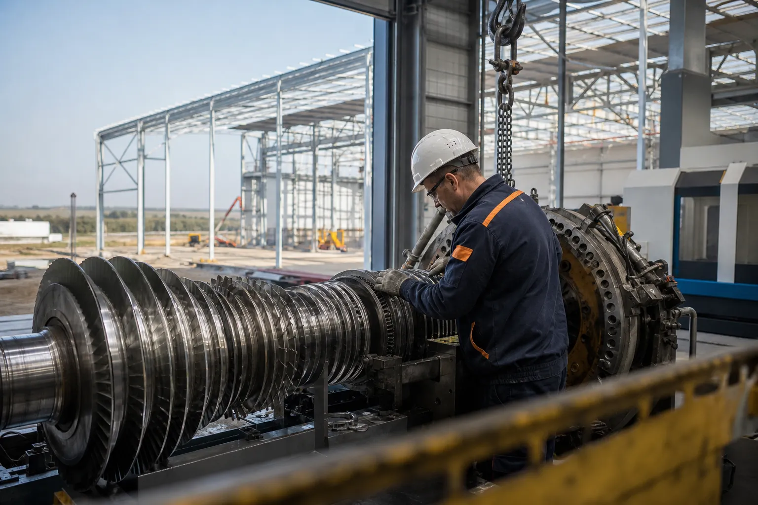 Technicien inspectant un rotor industriel dans l’atelier vendéen agrandi de Team Turbo Machines