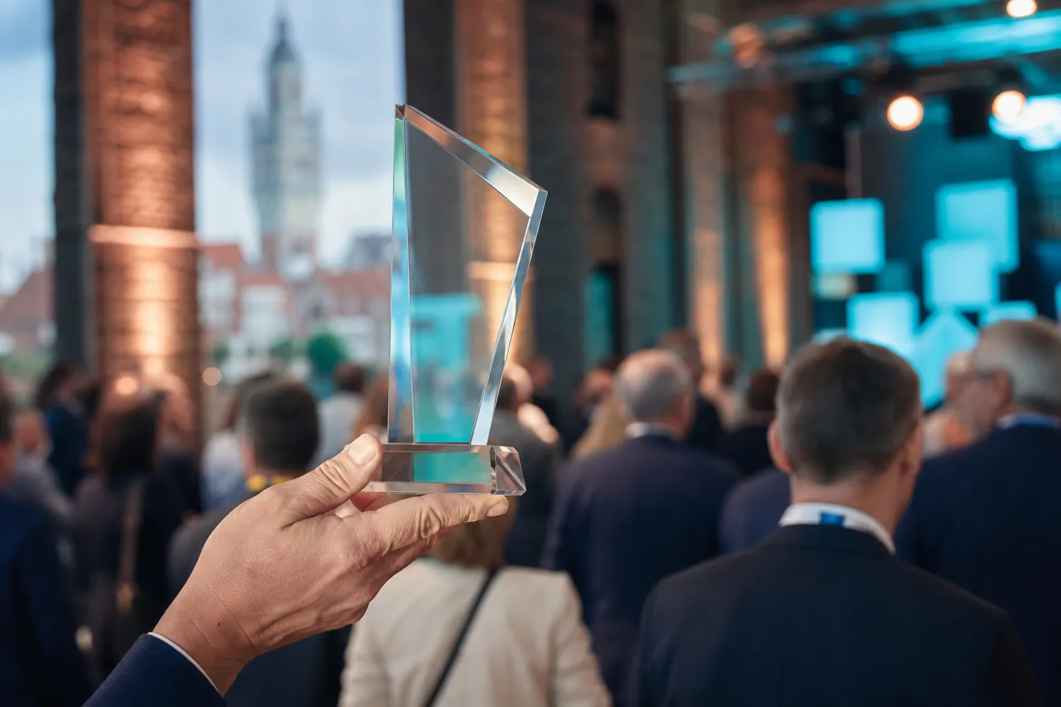 Trophée en verre lors des Hodéfi Awards, avec des entrepreneurs des Hauts-de-France en arrière-plan