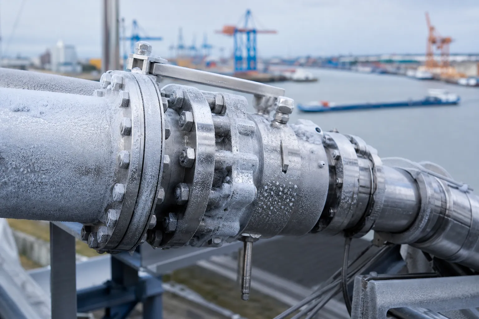 Raccord cryogénique pour hydrogène liquide devant le port industriel de Strasbourg