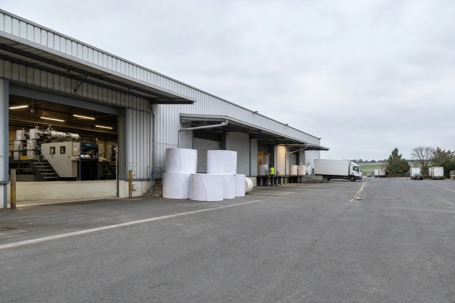 Site industriel d’impression avec bobines de papier dans le Loiret, sous un ciel couvert