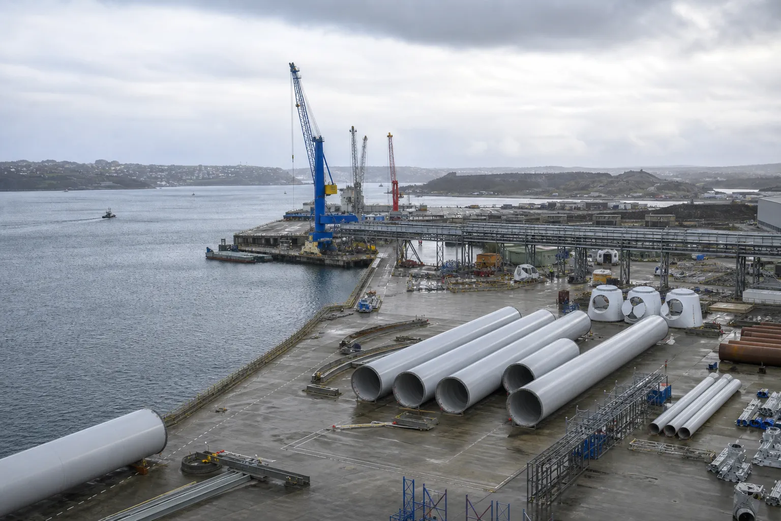 Vue du polder EMR de Brest avec composants d’éoliennes et infrastructures portuaires industrielles