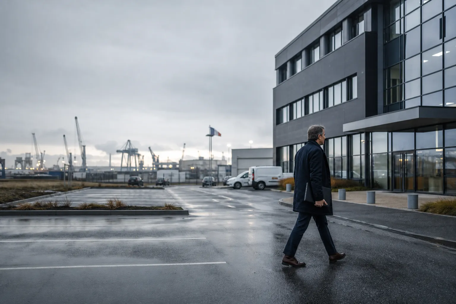 DAF devant un parc industriel normand au lever du jour, avec les grues du port du Havre en arrière-plan