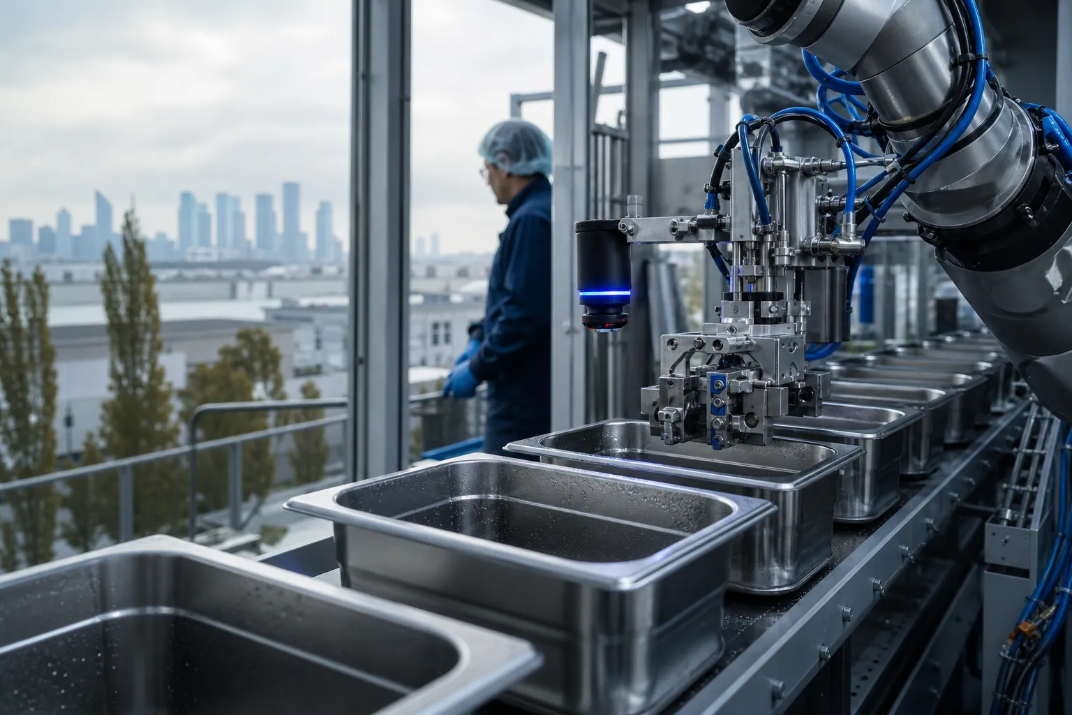 Bras robotisé inspectant des bacs inox réemployables dans l’usine Semelog en Île-de-France