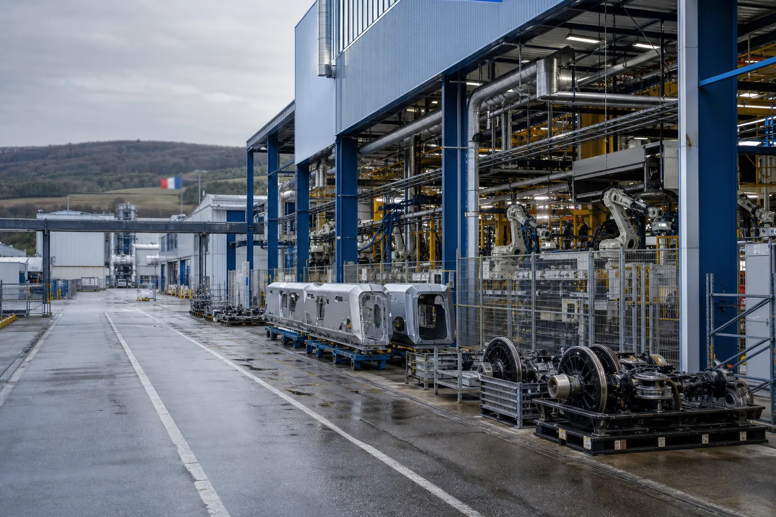 Site industriel de Bourgogne-Franche-Comté avec équipements automatisés et pièces de transport