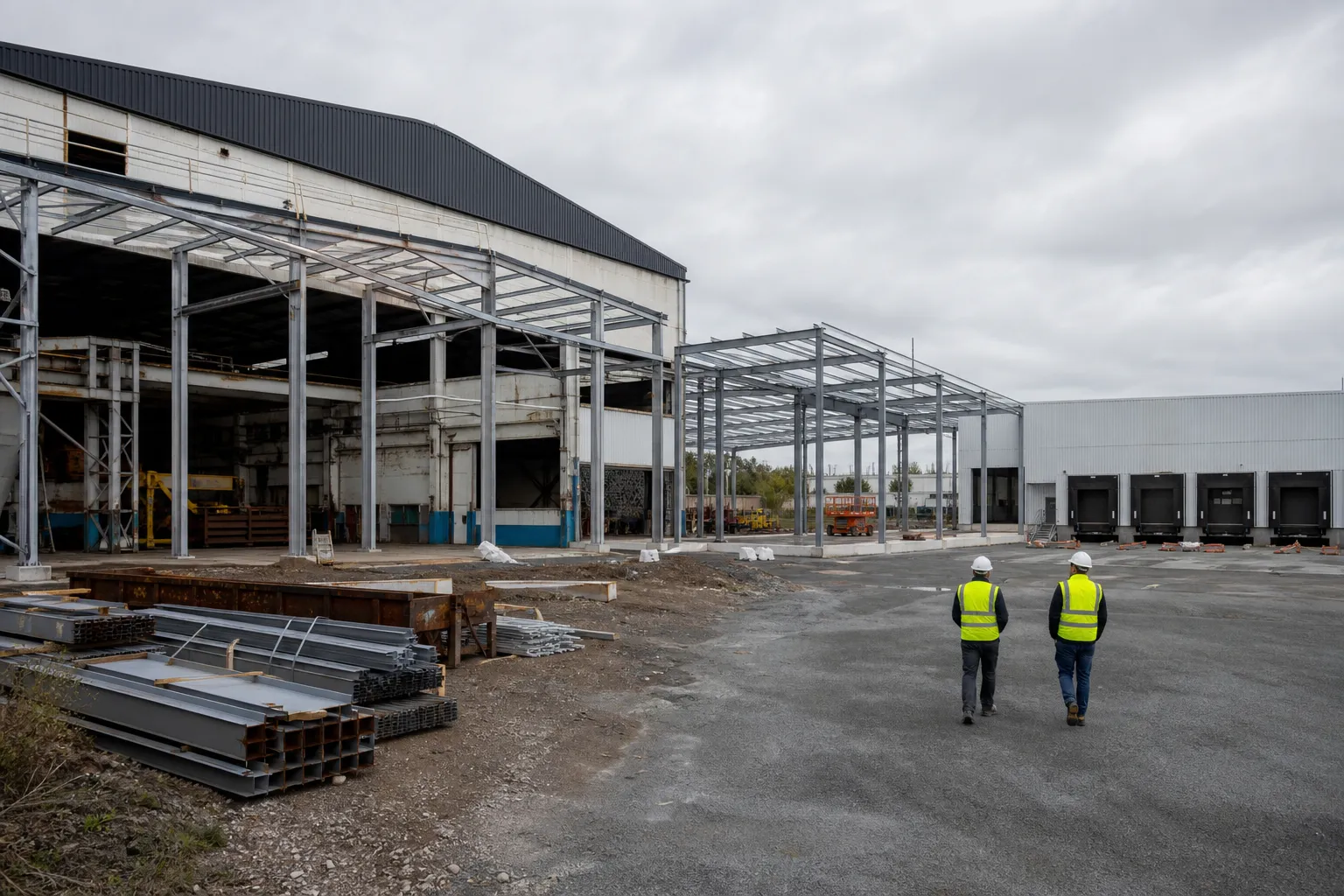 Site industriel du Choletais en reconversion, avec ouvriers et nouveaux ateliers en préparation