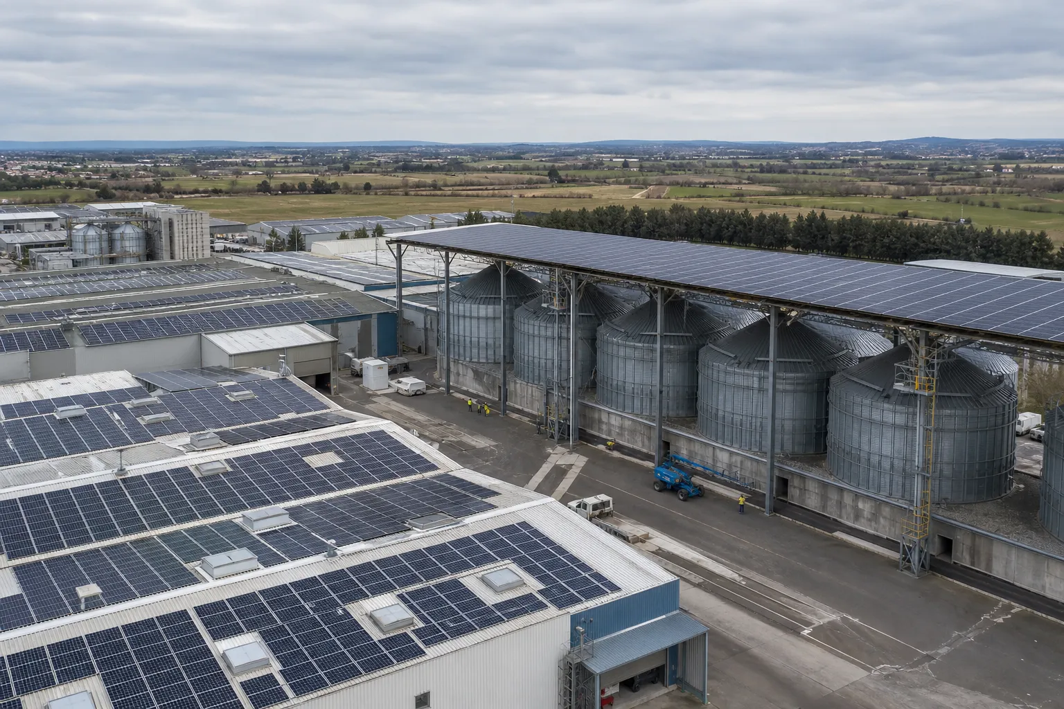 Vue aérienne d’un site industriel de Castelnaudary couvert de panneaux solaires et d’ombrières céréalières