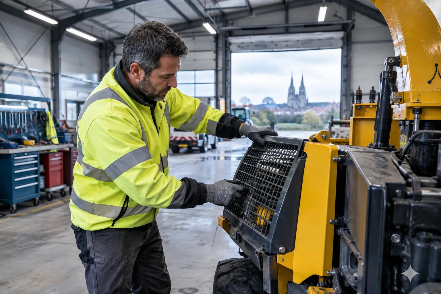 Agent municipal en EPI vérifiant une machine dans un atelier technique, avec Tours en arrière-plan