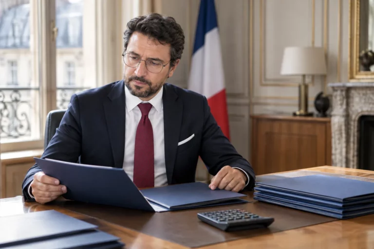 Une directrice financière compare des dossiers d’offres dans un bureau français.