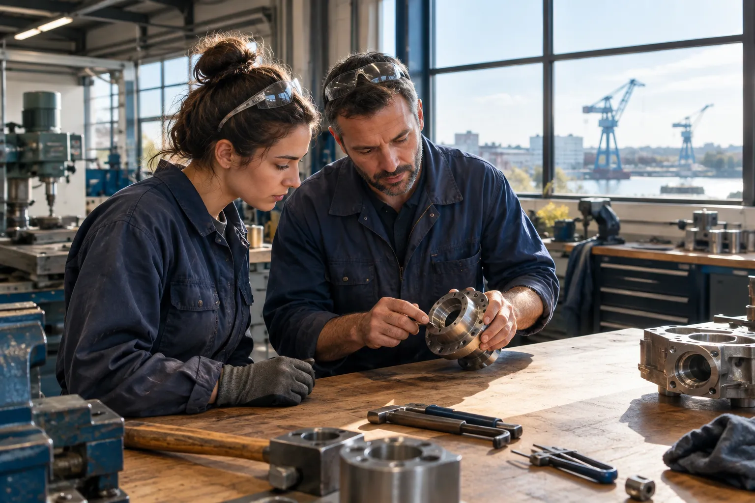 Un apprenti et son tuteur inspectent une pièce dans un atelier, avec les grues de l’Île de Nantes en arrière-plan.
