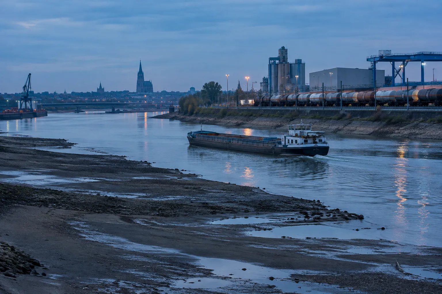 Barge faiblement chargée sur le Rhin bas, près d’un train de fret et de la cathédrale de Strasbourg