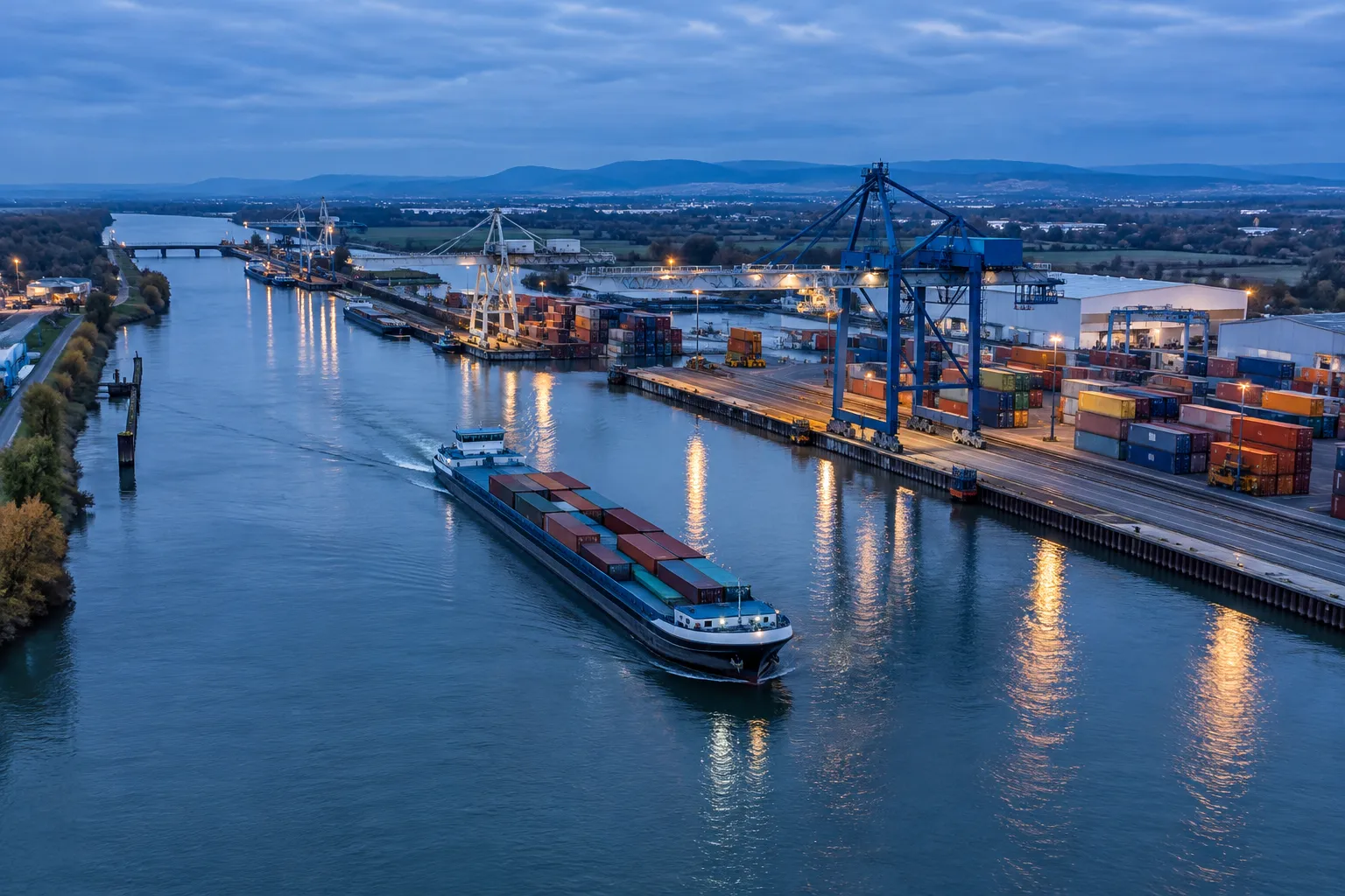 Péniche de fret dans un port fluvial du Rhin en Alsace, au milieu des grues et des conteneurs.