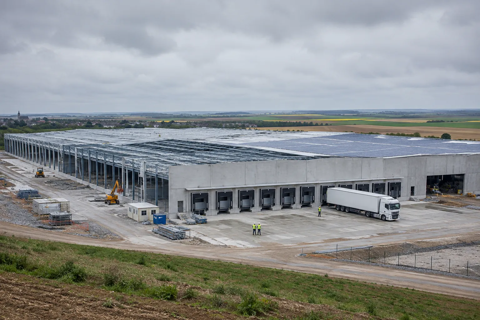 Entrepôt logistique en construction dans les plaines de Beauce, en Eure-et-Loir.