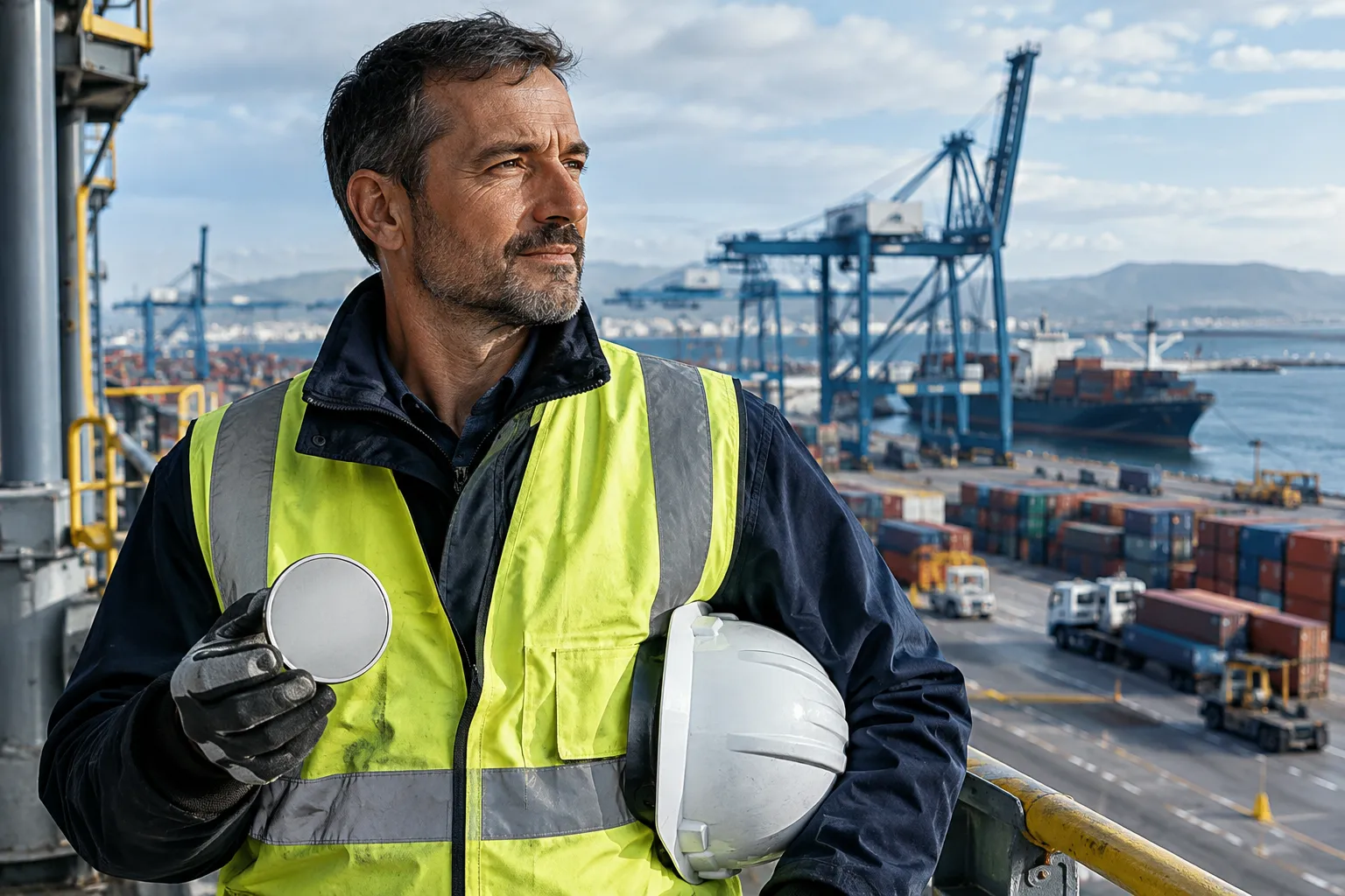 Responsable logistique au port de Marseille-Fos tenant une médaille de platine devant les grues et conteneurs