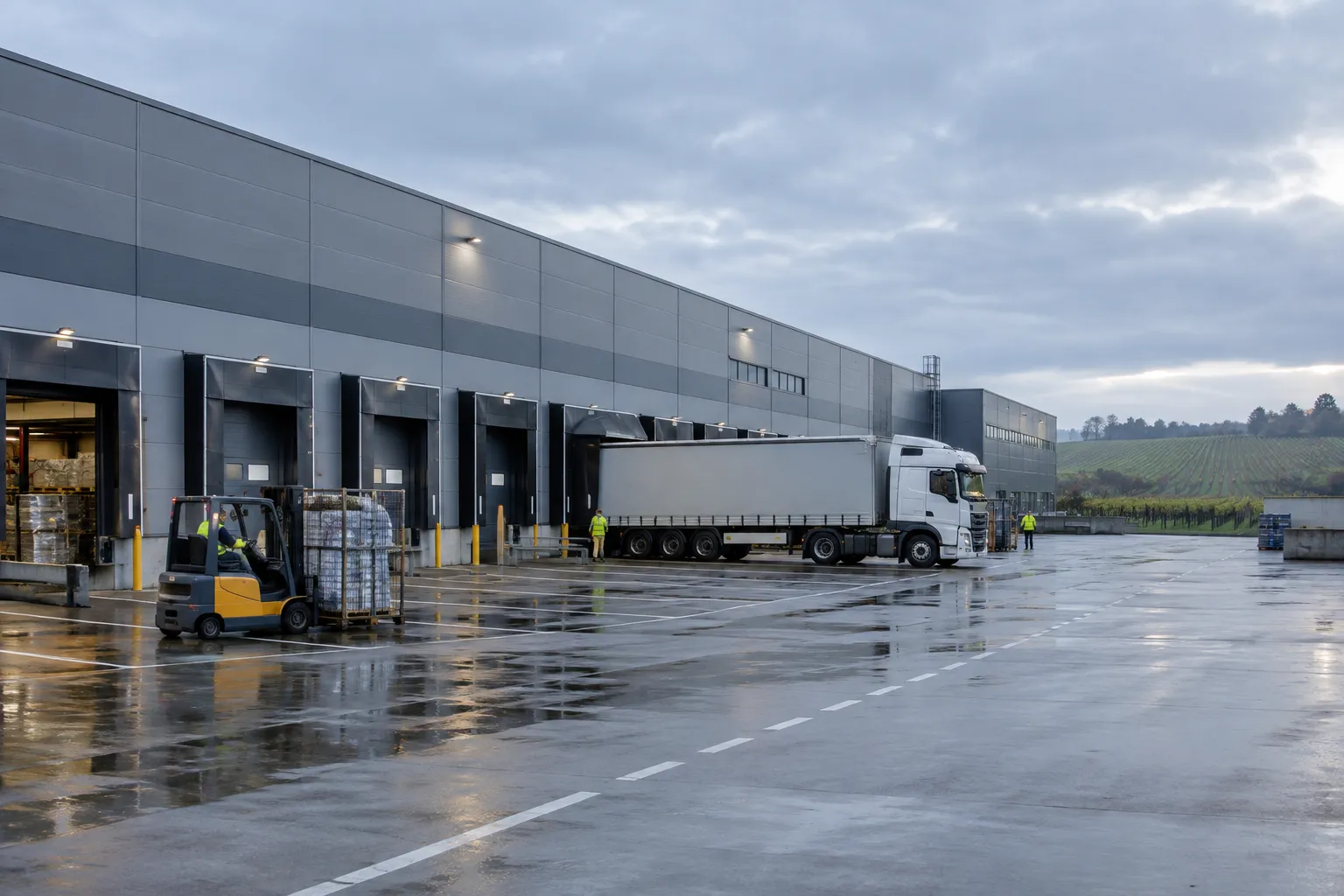 Entrepôt logistique près de Nantes, avec chariot élévateur, camion et vignes du Muscadet en arrière-plan