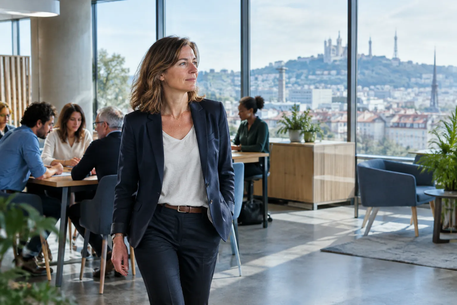 Une DRH en mouvement dans un bureau lyonnais, avec Fourvière visible derrière les équipes.