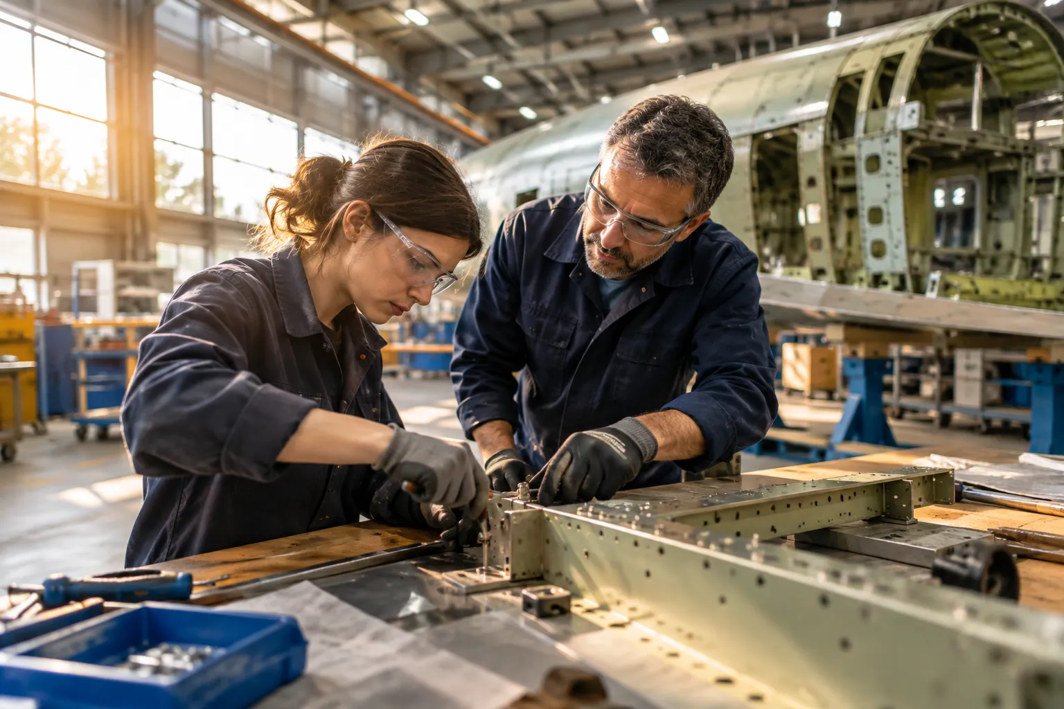 Un apprenti et son tuteur assemblent une pièce dans un atelier aéronautique près de Toulouse