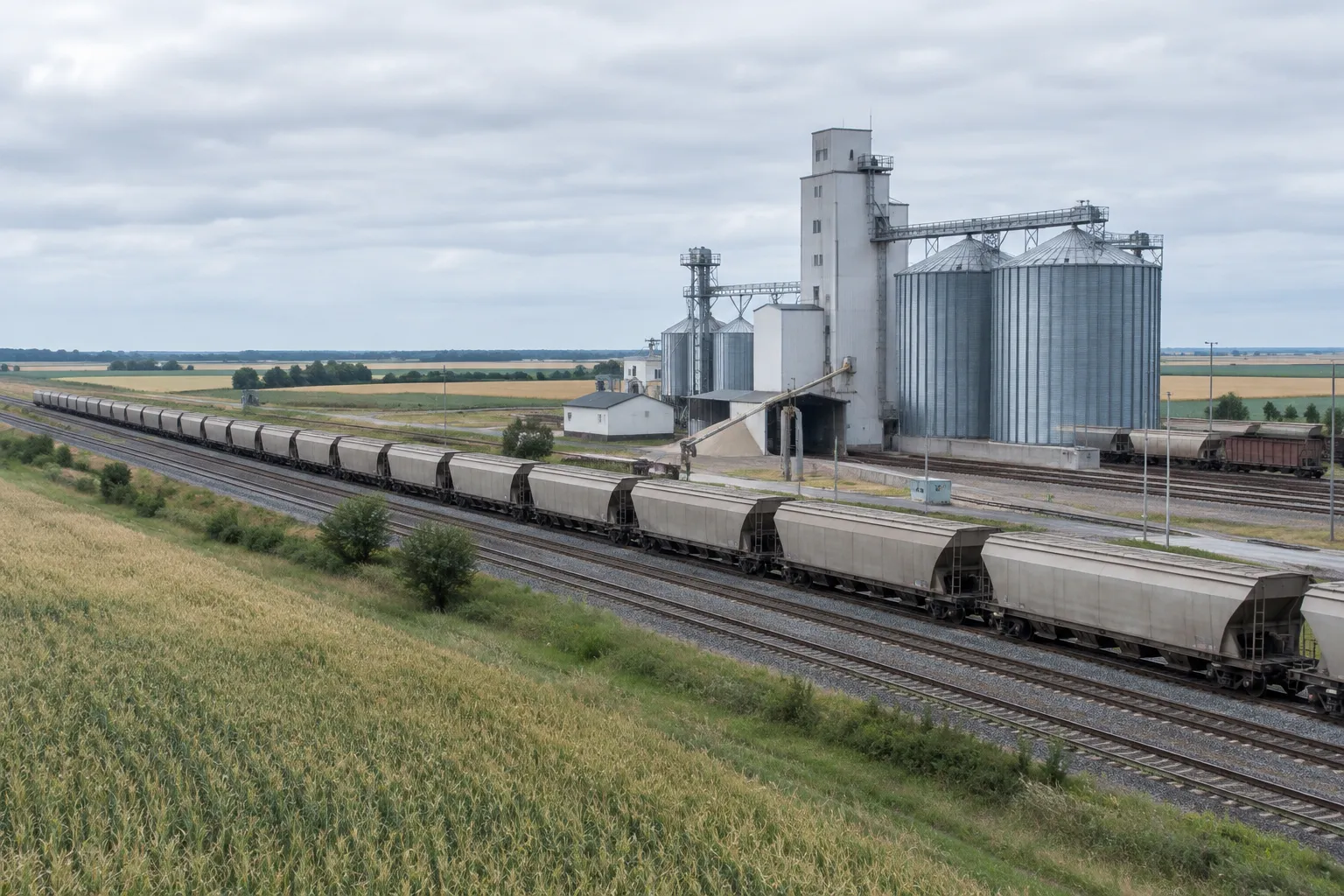 Train de fret céréalier sur une voie ferrée au milieu des plaines de Beauce