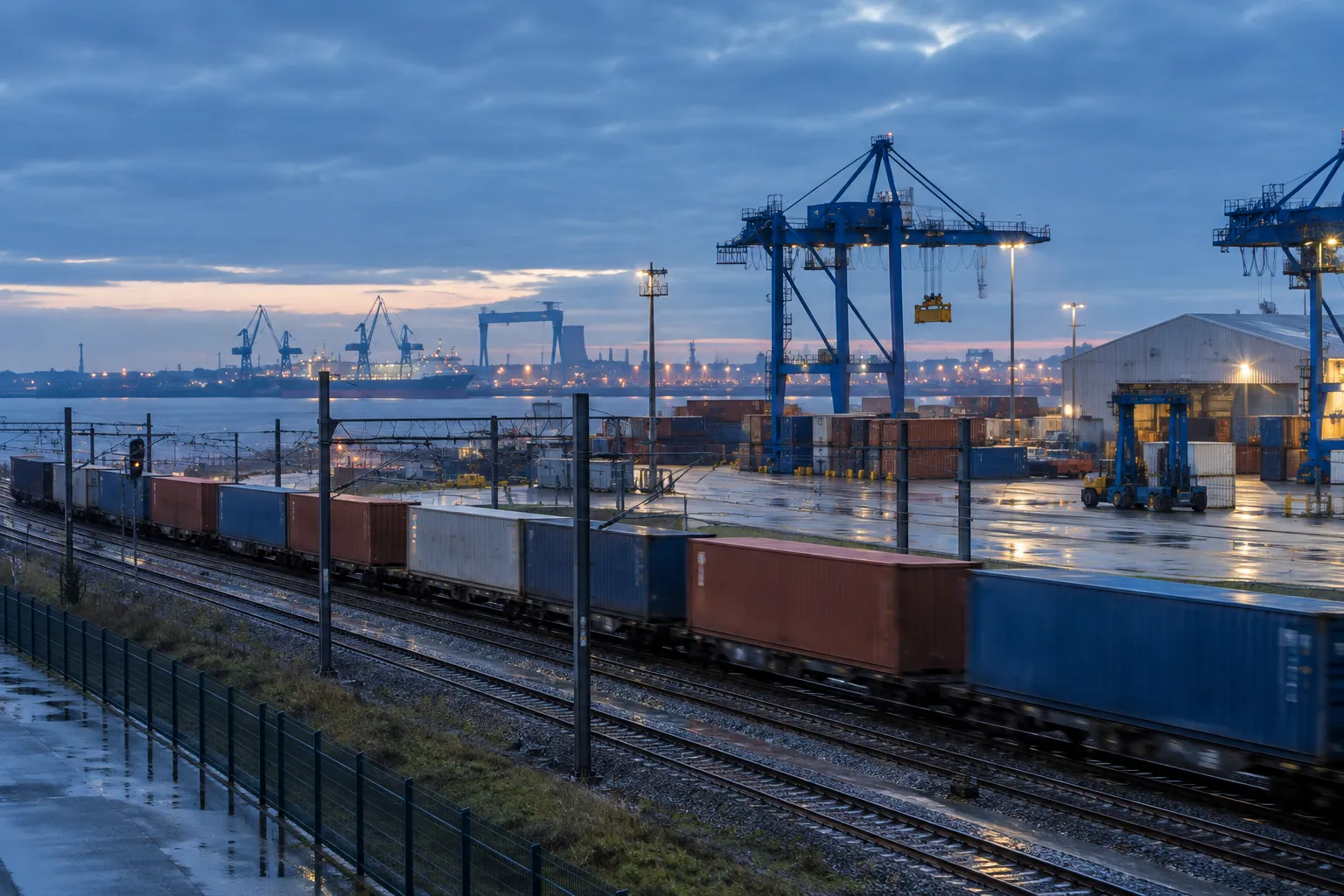 Train de fret au terminal portuaire de Montoir, avec grues industrielles de l’estuaire de la Loire en arrière-plan