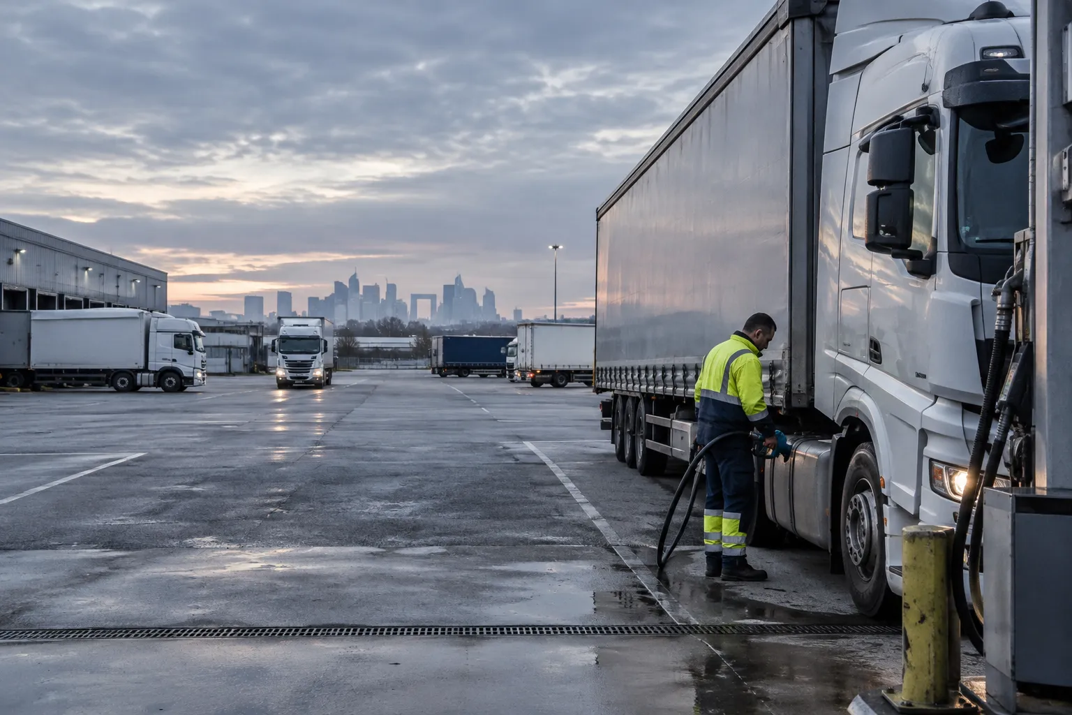 Un poids lourd ravitaillé dans un dépôt logistique francilien, avec La Défense au loin.