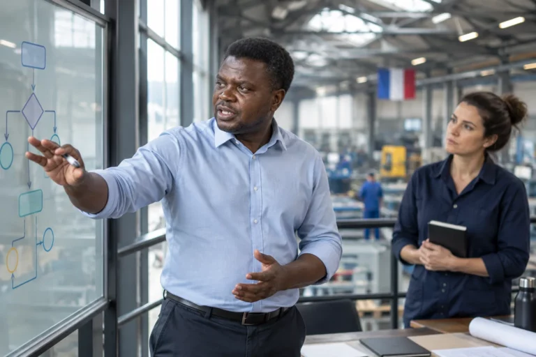 Un manager de transition organise les usages de l’IA dans un bureau surplombant un atelier industriel.