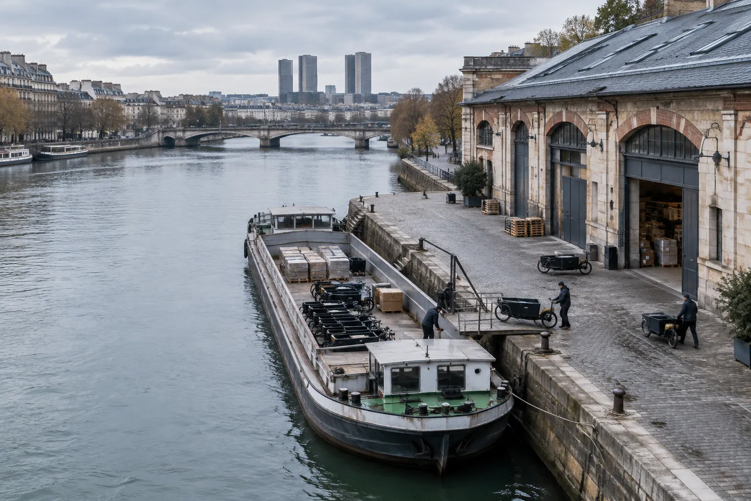 Barge et vélos-cargos au quai de Seine, devant un bâtiment logistique parisien.