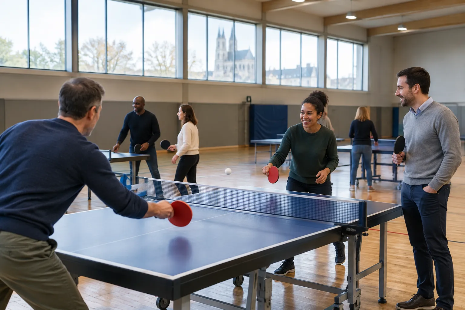 Des candidats et recruteurs échangent autour d’une table de tennis de table dans un gymnase à Amiens.