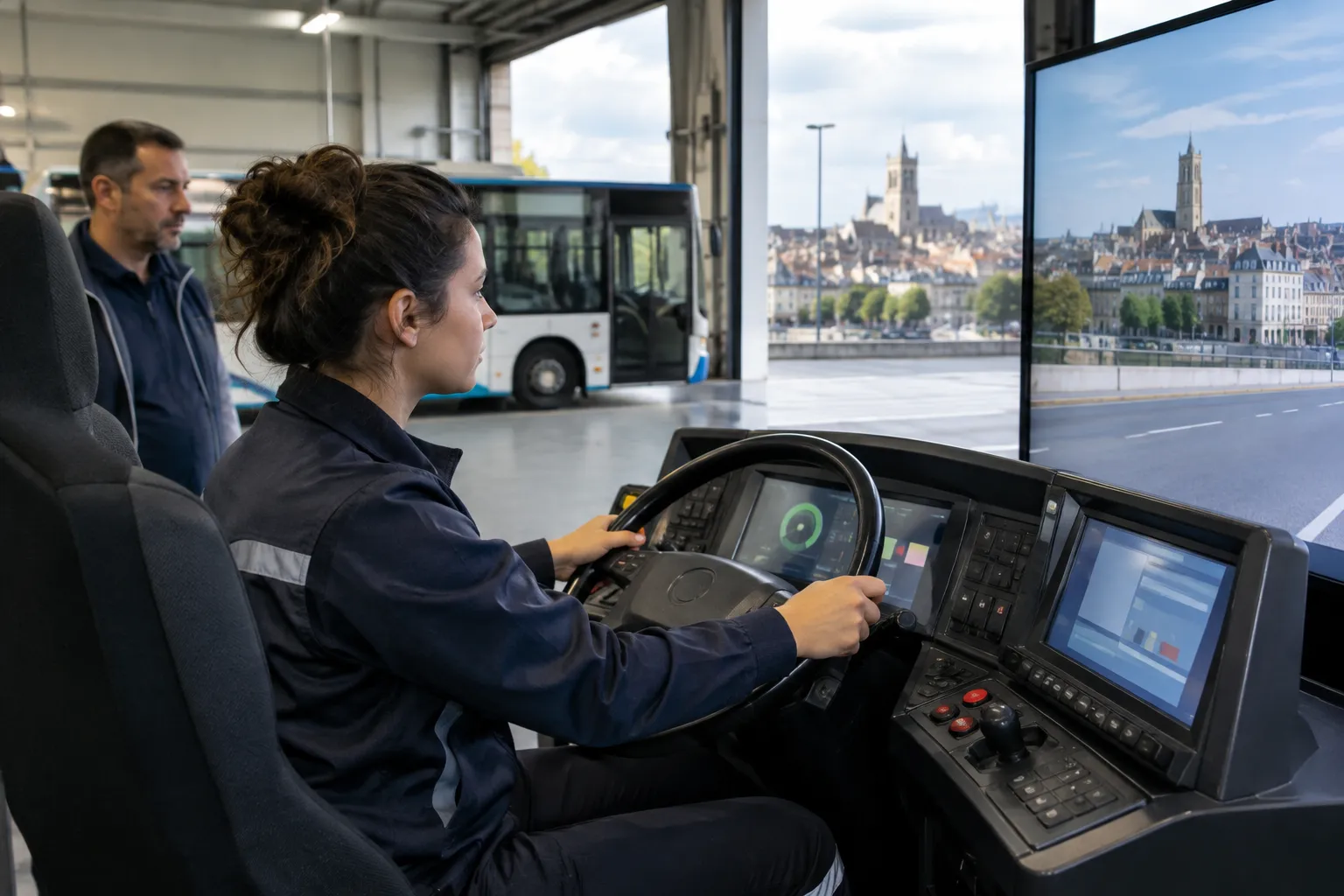 Une personne s’exerce au volant d’un simulateur de bus, avec la silhouette de Dijon en arrière-plan.